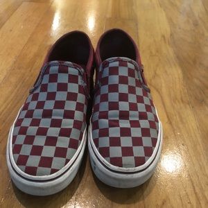 Maroon and Grey Checkered Slip On Vans